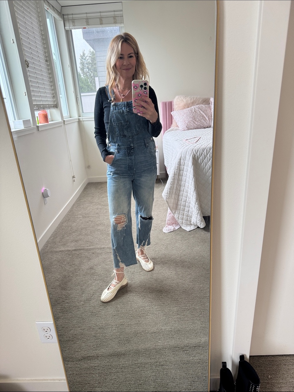 We The Free Distressed Light Blue Cropped Denim Overalls